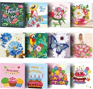 pigpigboss 12 Packs Happy Birthday Diamond Painting Cards, Thank you Diamond Art Greeting Cards with Envelop, Flower Girl Diamond Painting Birthday Card Arts Crafts for Adult Beginner