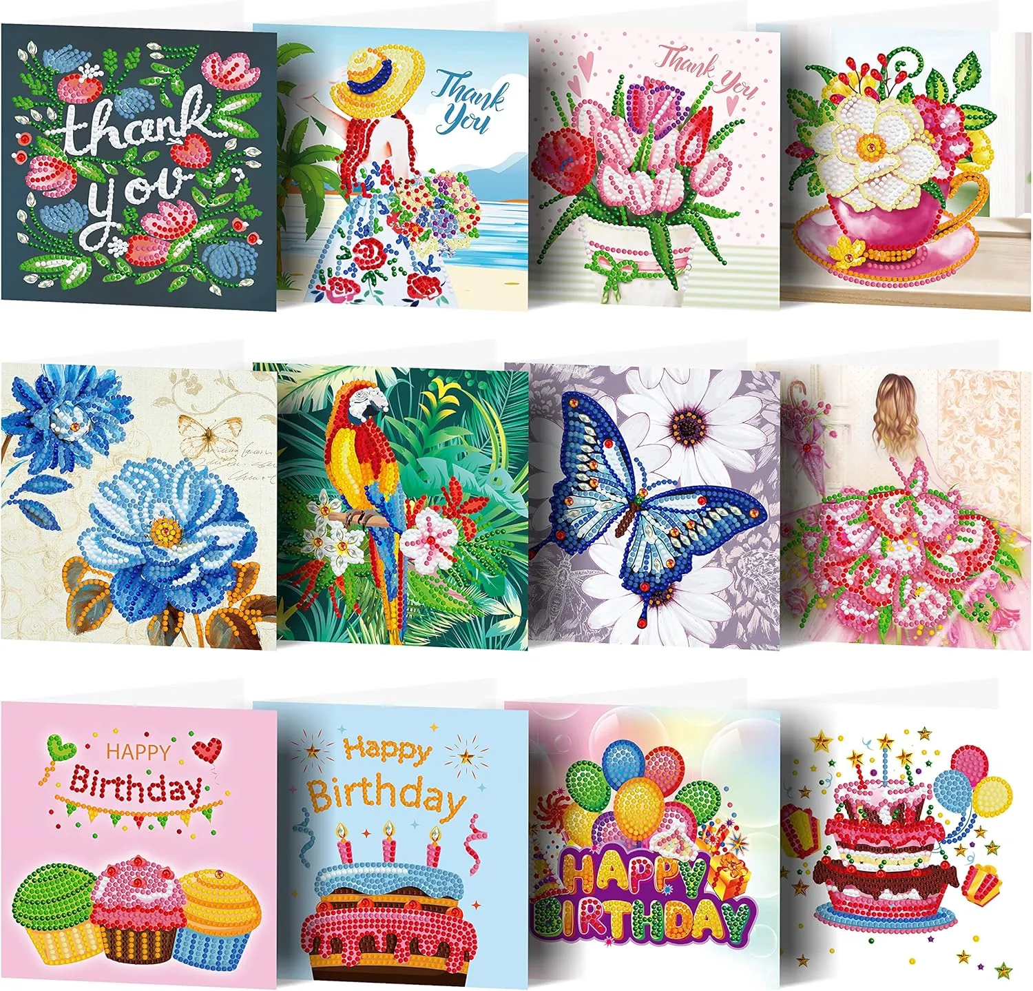 pigpigboss 12 Packs Happy Birthday Diamond Painting Cards, Thank you Diamond Art Greeting Cards with Envelop, Flower Girl Diamond Painting Birthday Card Arts Crafts for Adult Beginner