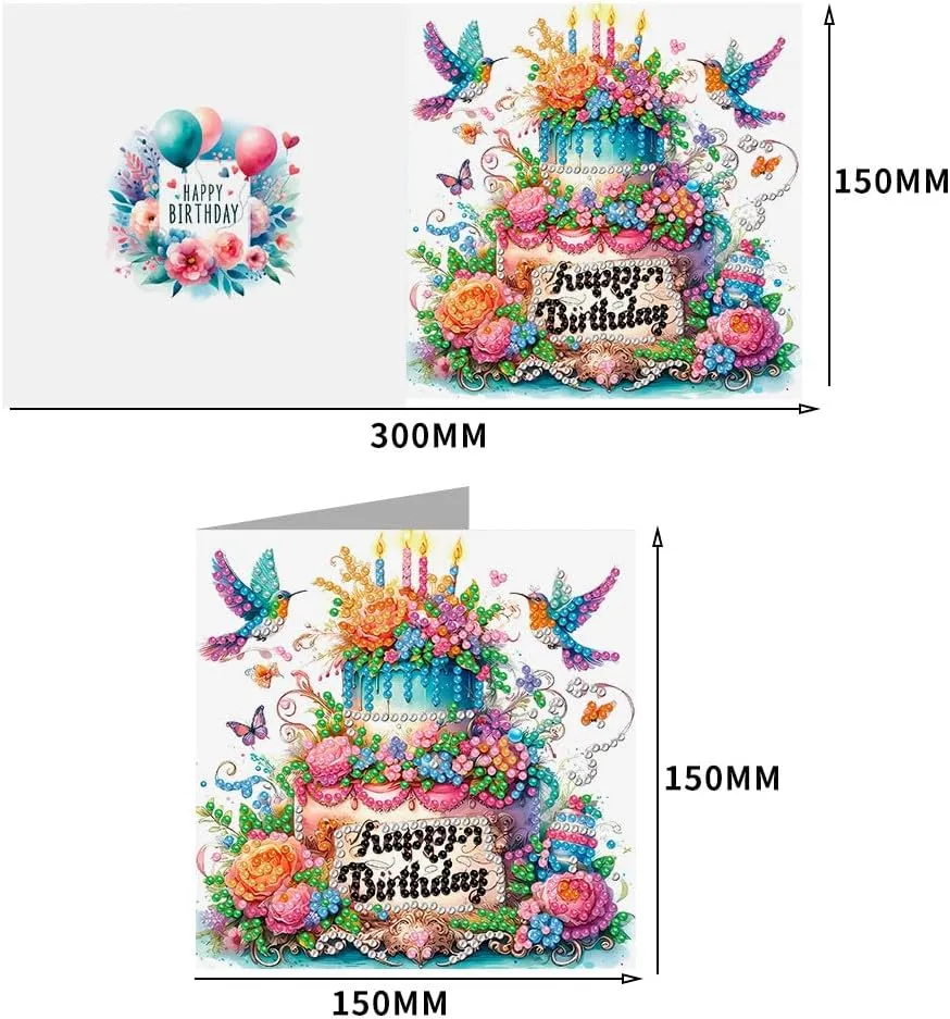 pigpigboss 6 Packs Happy Birthday Diamond Painting Greeting Cards with Envelop, Birthday Cake Diamond Art Cards, Flower Bird Butterfly Diamond Greeting Card Arts Kit for Birthday