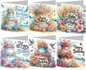 pigpigboss 6 Packs Happy Birthday Diamond Painting Greeting Cards with Envelop, Birthday Cake Diamond Art Cards, Flower Bird Butterfly Diamond Greeting Card Arts Kit for Birthday