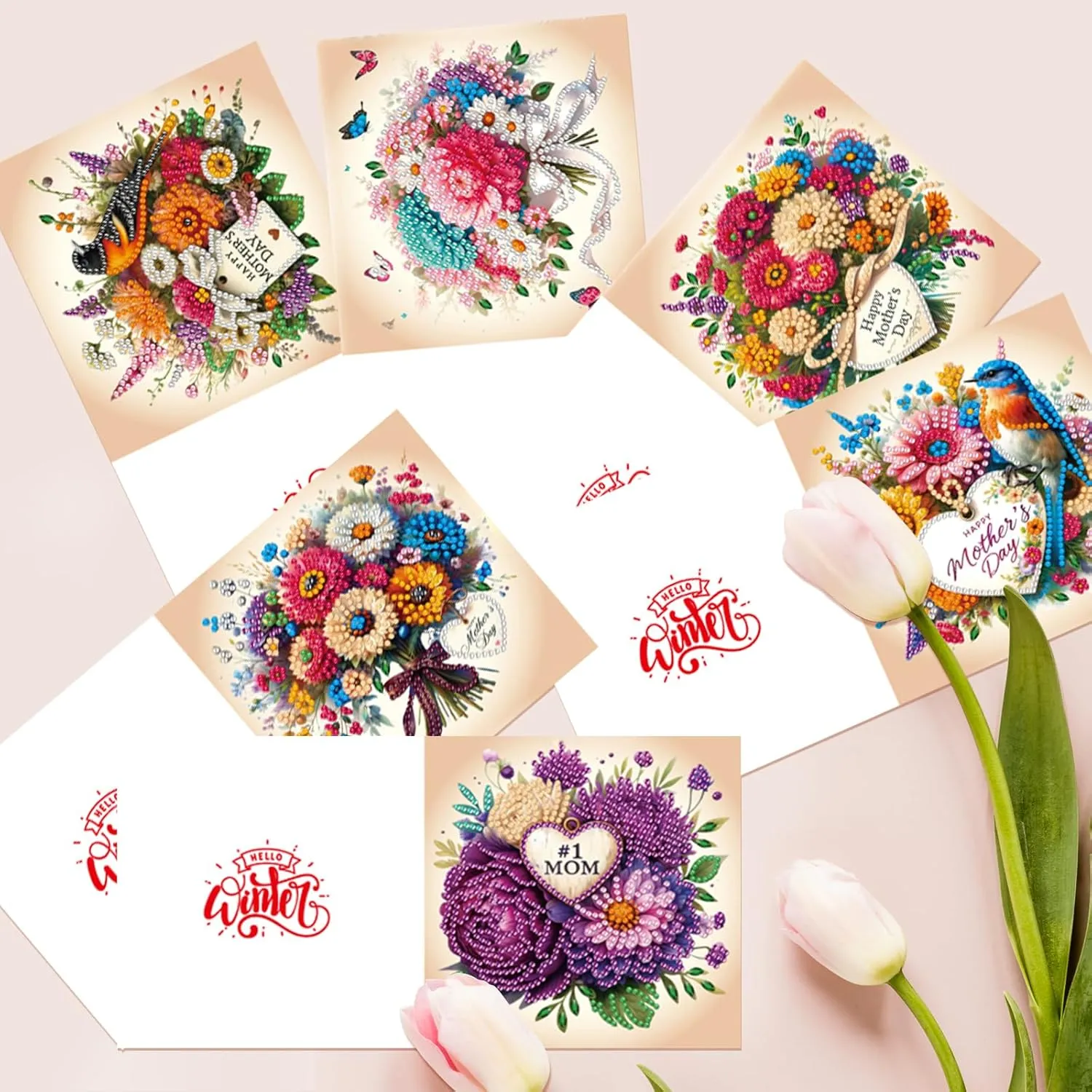 pigpigboss 6 Packs Happy Mother's Day Diamond Painting Greeting Cards with Envelop,Flower Bouquet Greeting Card with Diamond for Mother's Day, Diamond Art Greeting Cards for Mom