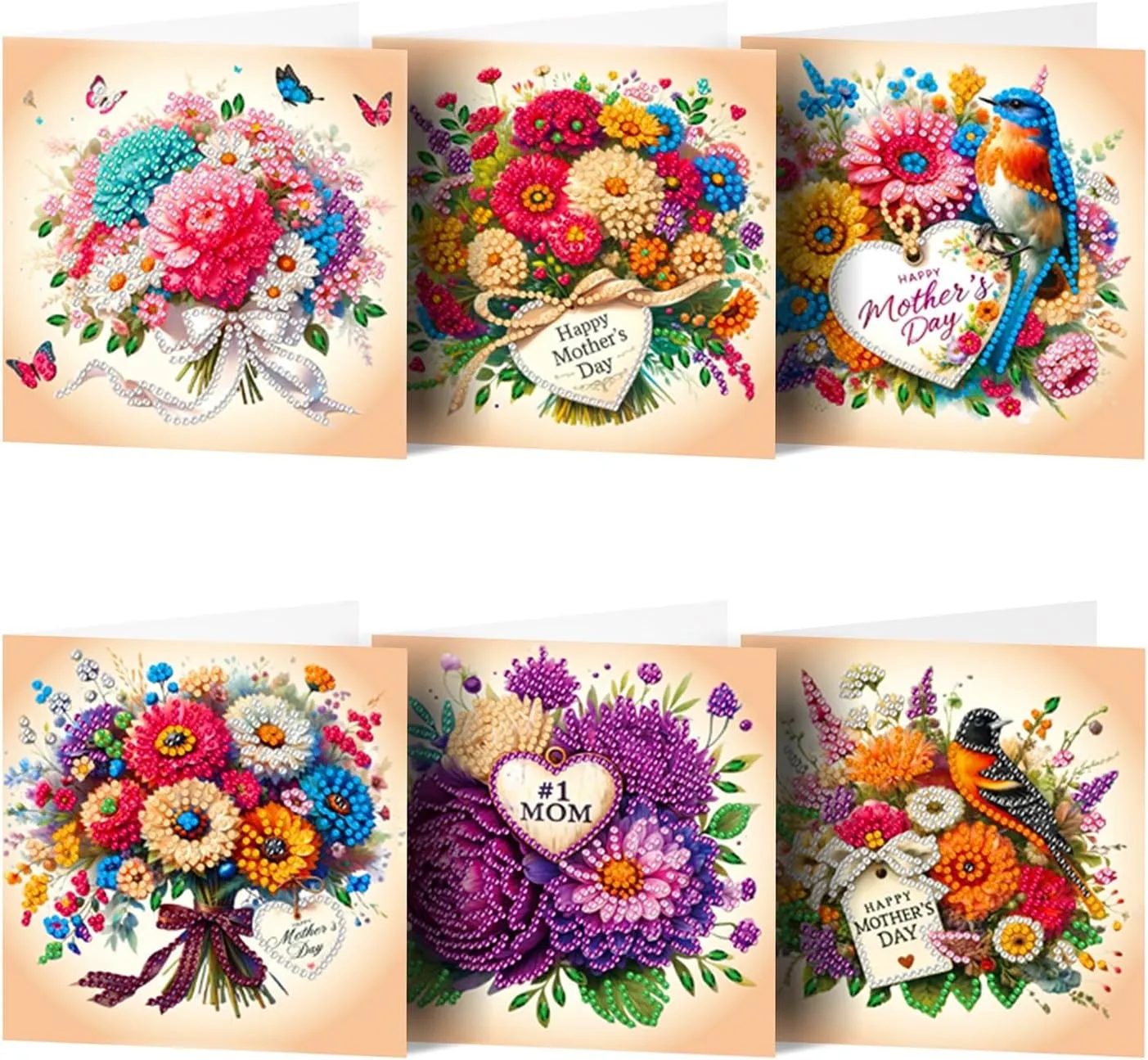 pigpigboss 6 Packs Happy Mother's Day Diamond Painting Greeting Cards with Envelop,Flower Bouquet Greeting Card with Diamond for Mother's Day, Diamond Art Greeting Cards for Mom
