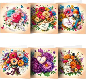pigpigboss 6 Packs Happy Mother's Day Diamond Painting Greeting Cards with Envelop,Flower Bouquet Greeting Card with Diamond for Mother's Day, Diamond Art Greeting Cards for Mom