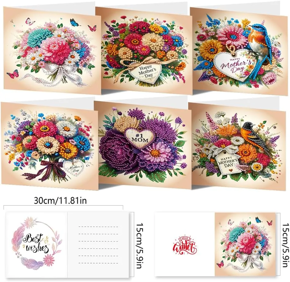 pigpigboss 6 Packs Happy Mother's Day Diamond Painting Greeting Cards with Envelop,Flower Bouquet Greeting Card with Diamond for Mother's Day, Diamond Art Greeting Cards for Mom