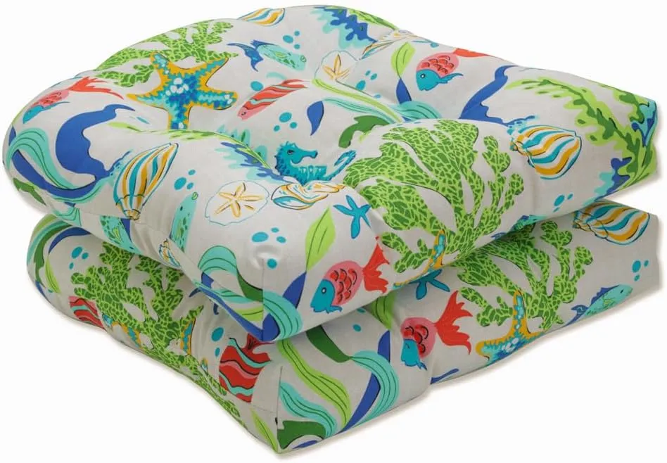 Pillow Perfect Outdoor/Indoor Tufted Seat Cushions, 19" x 19", Blue Coral Bay 2 Count