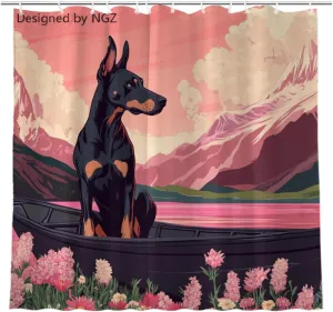 Pink Doberman Shower Curtain, Mountain and Lake Art Painting Curtain, 72x72 Inches Shower Curtains for Bathroom, Snow Fabric Bath Curtains Set with 12 Hooks