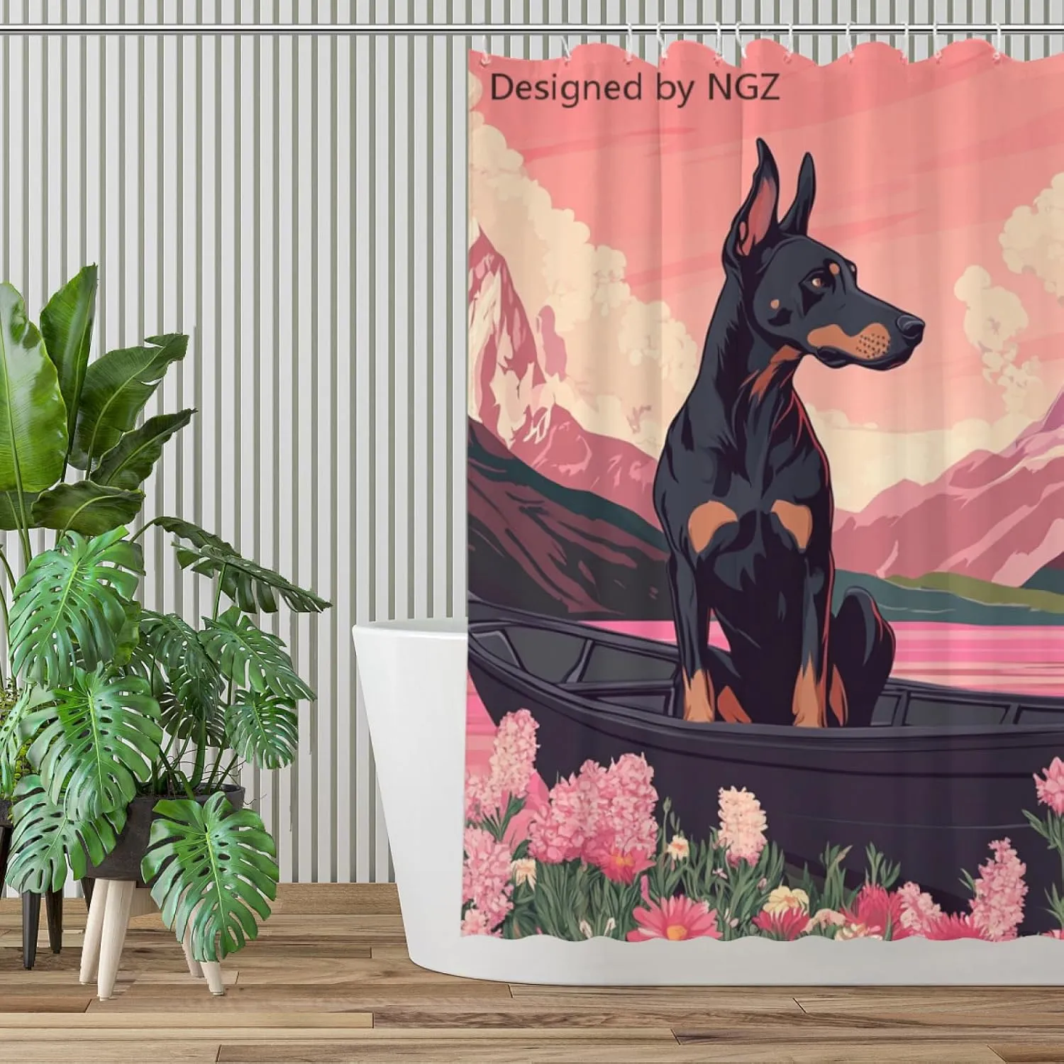 Pink Doberman Shower Curtain, Mountain and Lake Art Painting Curtain, 72x72 Inches Shower Curtains for Bathroom, Snow Fabric Bath Curtains Set with 12 Hooks