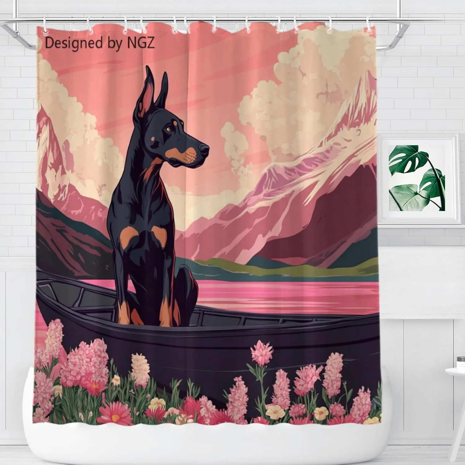 Pink Doberman Shower Curtain, Mountain and Lake Art Painting Curtain, 72x72 Inches Shower Curtains for Bathroom, Snow Fabric Bath Curtains Set with 12 Hooks