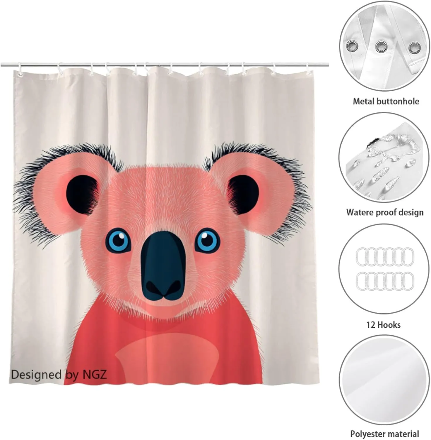 Pink Koala Shower Curtain 72 x 72 Inches, Funny Koala Art Painting Shower Curtain Set with 12 Hooks for Bathroom Home Decor