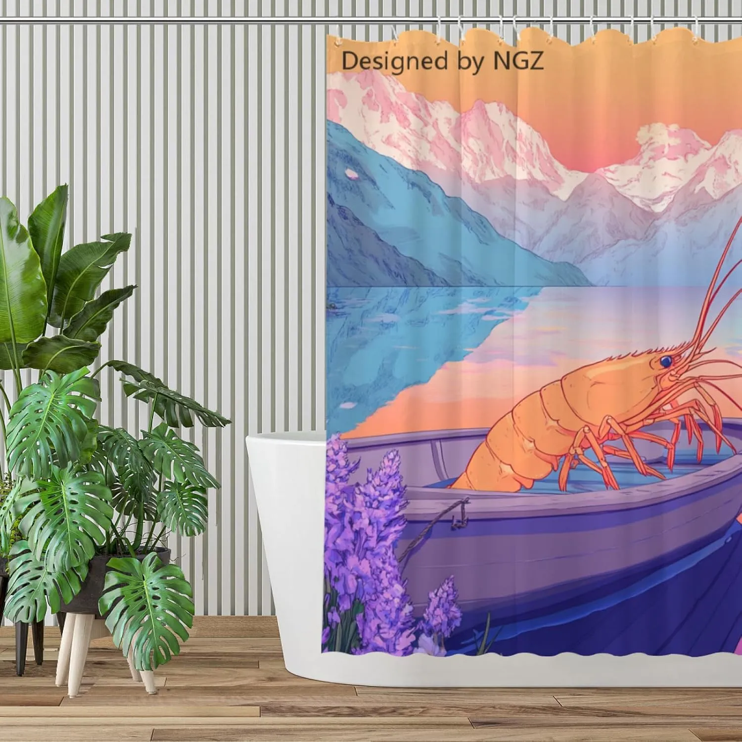 Pink Shrimp Shower Curtain, Mountain and Lake Art Painting Curtain, 72x72 Inches Shower Curtains for Bathroom, Snow Fabric Bath Curtains Set with 12 Hooks