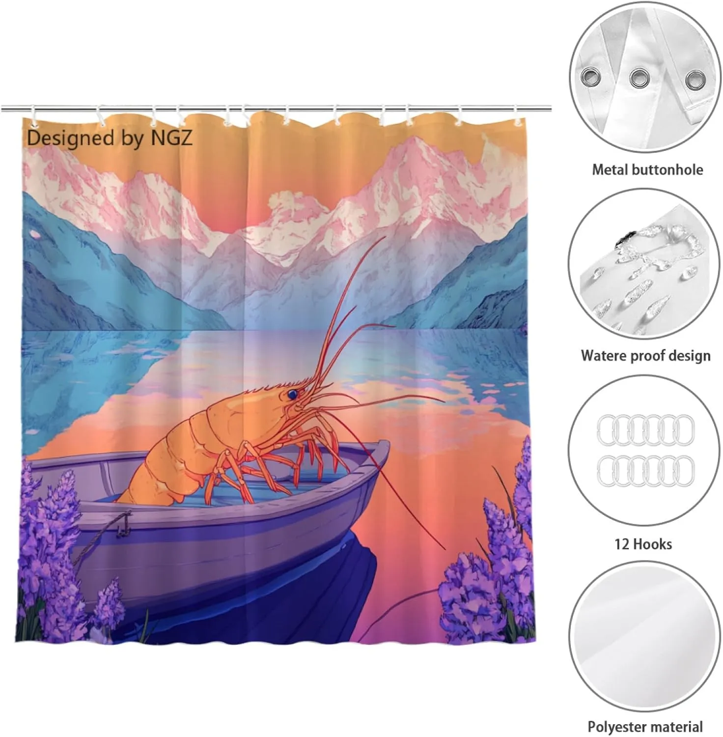 Pink Shrimp Shower Curtain, Mountain and Lake Art Painting Curtain, 72x72 Inches Shower Curtains for Bathroom, Snow Fabric Bath Curtains Set with 12 Hooks