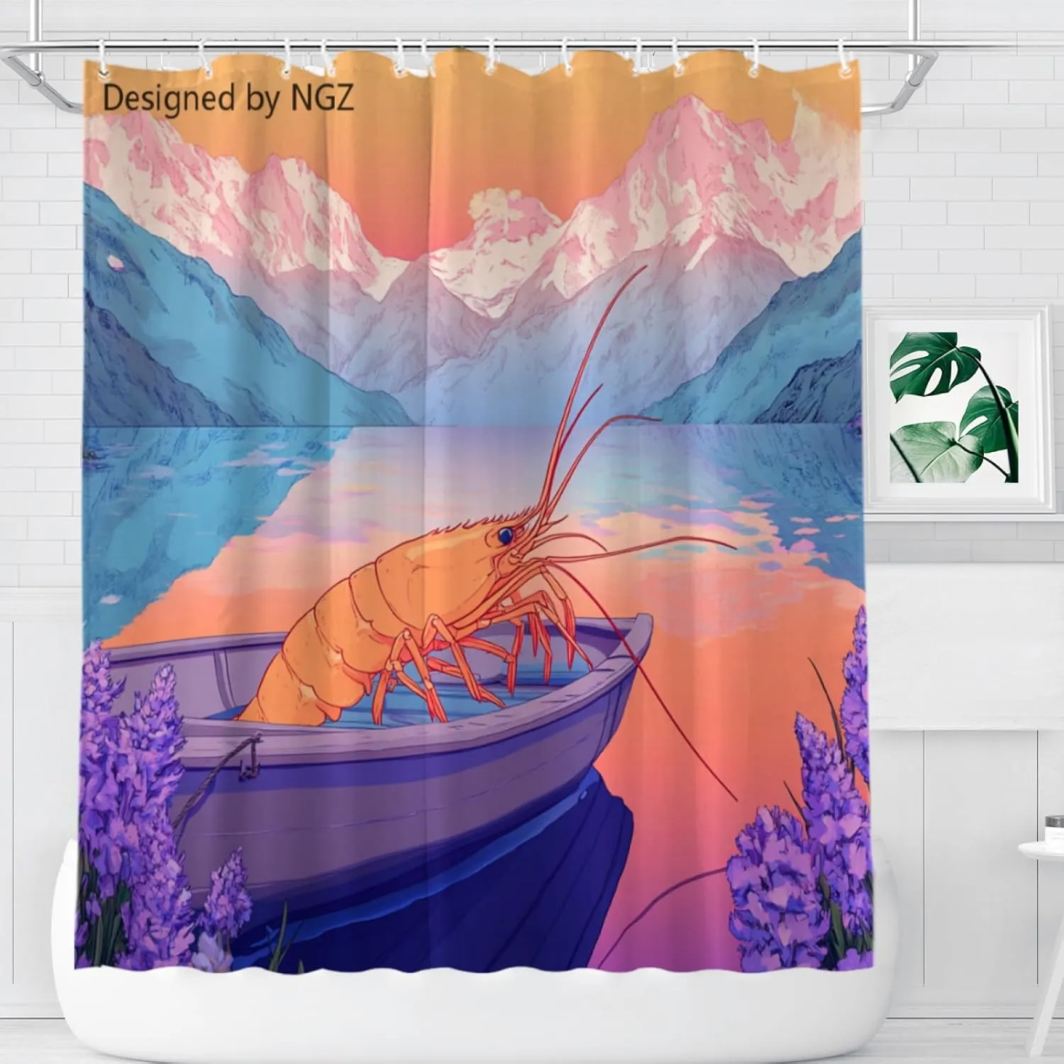 Pink Shrimp Shower Curtain, Mountain and Lake Art Painting Curtain, 72x72 Inches Shower Curtains for Bathroom, Snow Fabric Bath Curtains Set with 12 Hooks