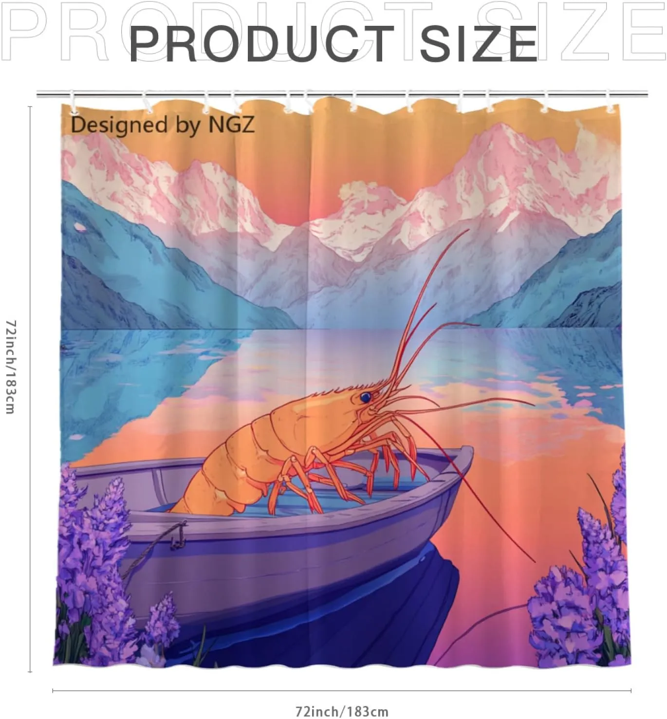 Pink Shrimp Shower Curtain, Mountain and Lake Art Painting Curtain, 72x72 Inches Shower Curtains for Bathroom, Snow Fabric Bath Curtains Set with 12 Hooks
