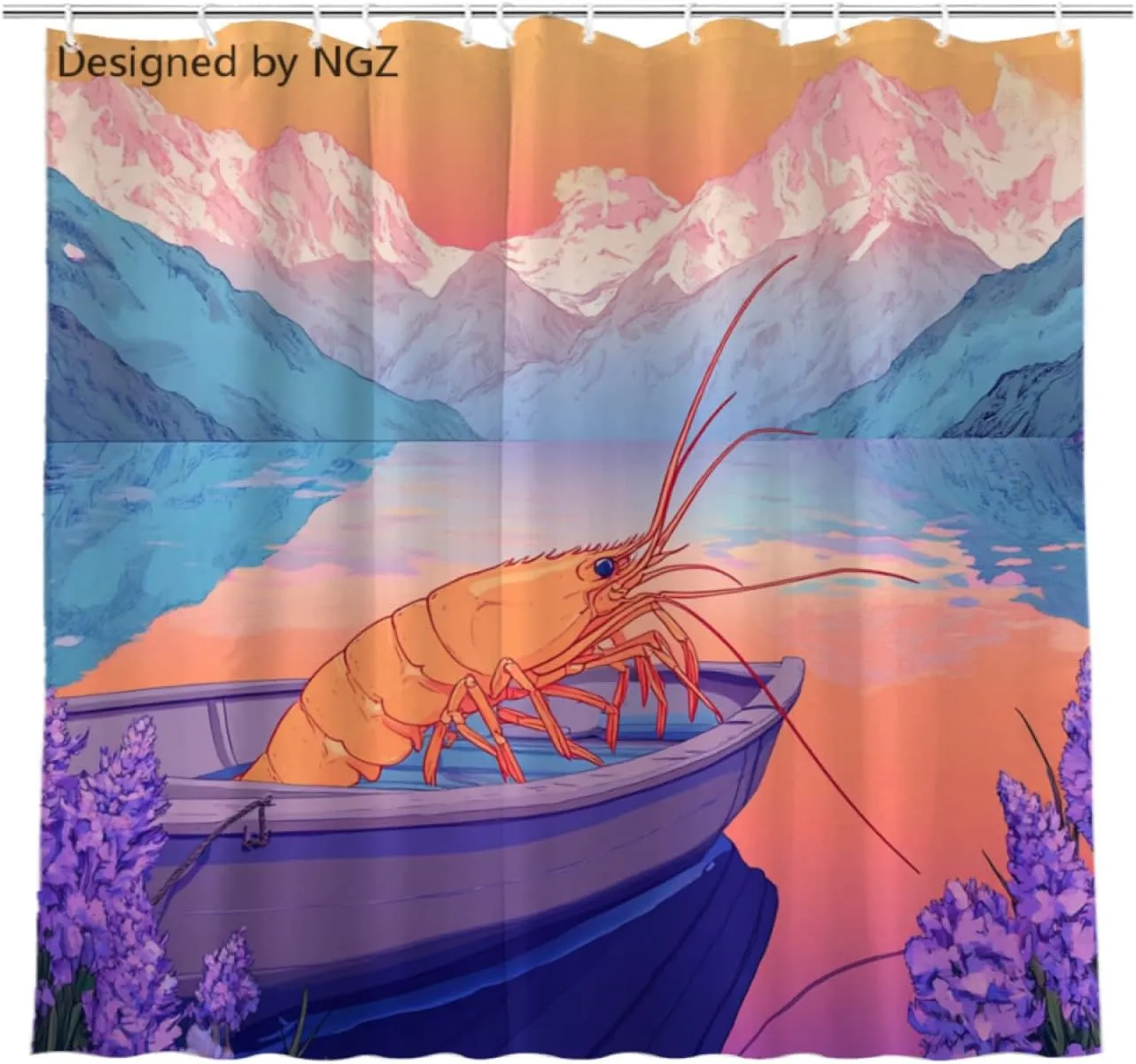 Pink Shrimp Shower Curtain, Mountain and Lake Art Painting Curtain, 72x72 Inches Shower Curtains for Bathroom, Snow Fabric Bath Curtains Set with 12 Hooks