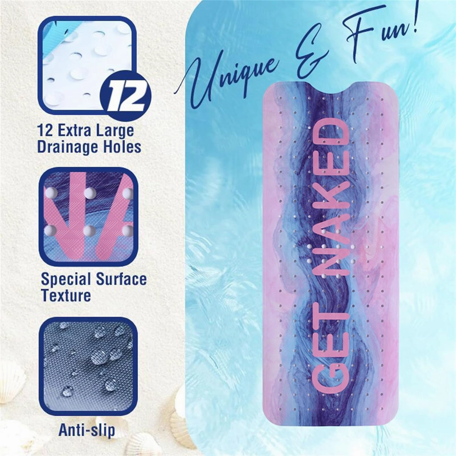 Pink Blue Bathtub Mat Non Slip 40x16in Extra Long Marble Bath Mat for Tub Funny Quotes Anti Slip Shower Mat for Bathroom with Large Drain Holes and Suction Cups Quality Bath Mats and Bathtub Decor