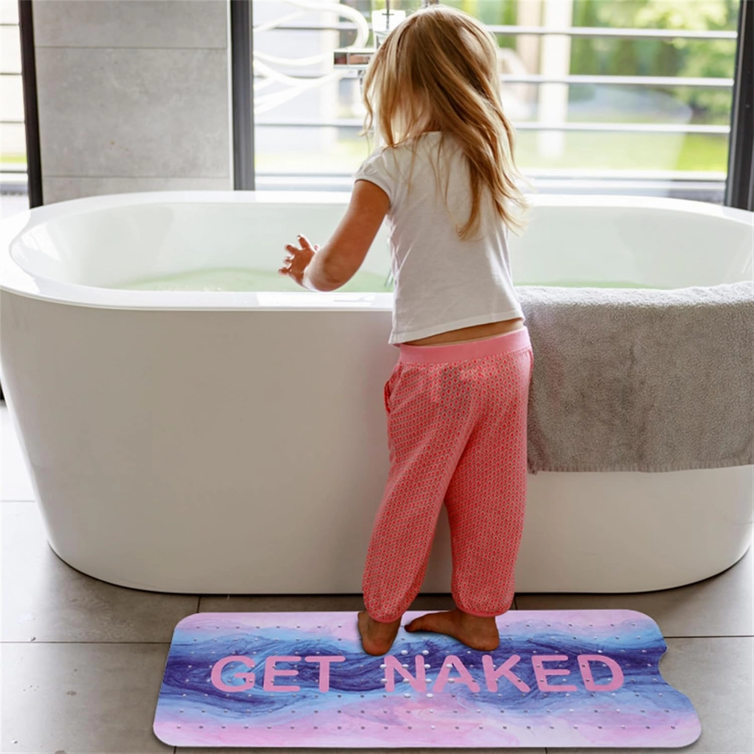 Pink Blue Bathtub Mat Non Slip 40x16in Extra Long Marble Bath Mat for Tub Funny Quotes Anti Slip Shower Mat for Bathroom with Large Drain Holes and Suction Cups Quality Bath Mats and Bathtub Decor