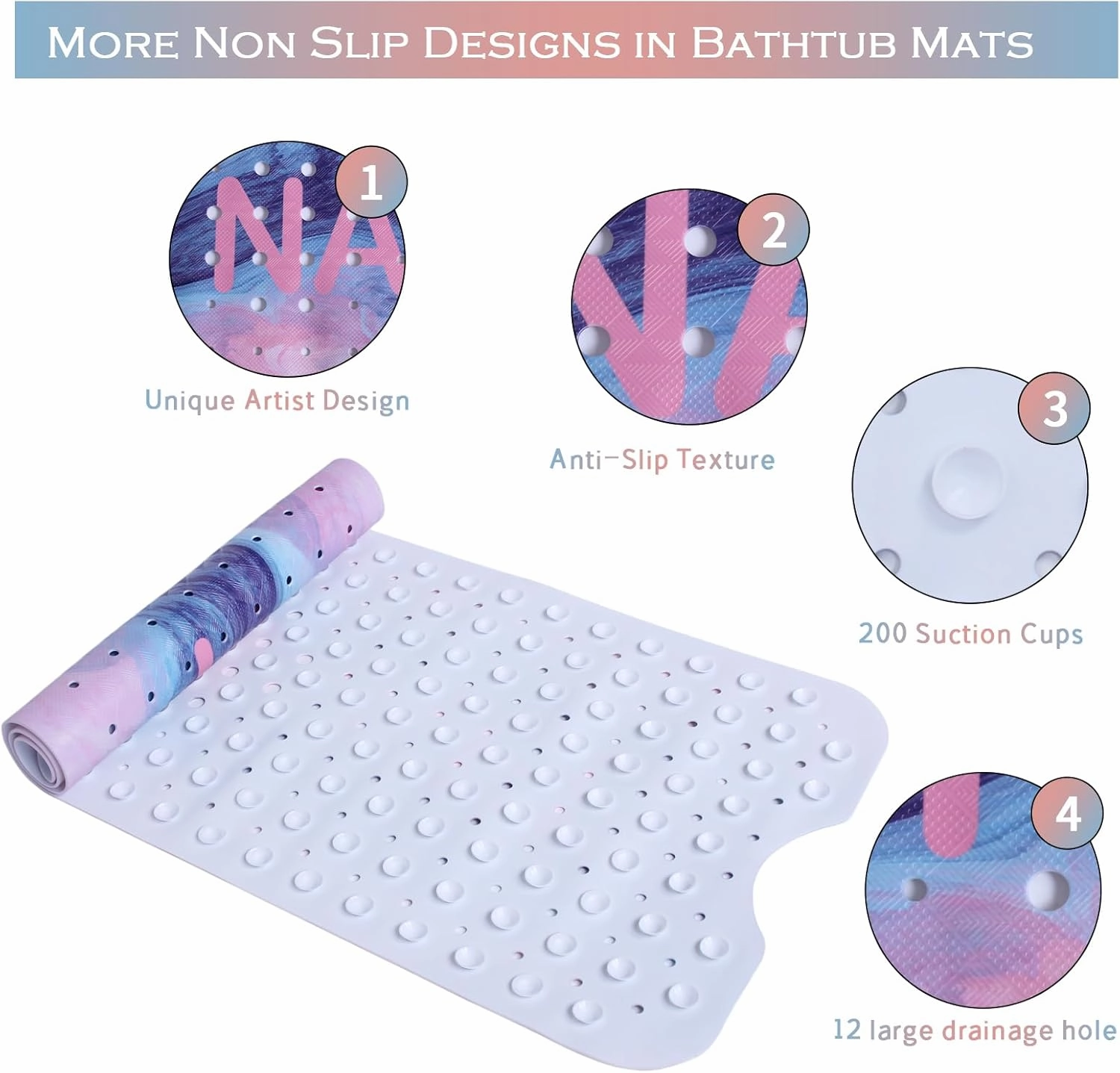 Pink Blue Bathtub Mat Non Slip 40x16in Extra Long Marble Bath Mat for Tub Funny Quotes Anti Slip Shower Mat for Bathroom with Large Drain Holes and Suction Cups Quality Bath Mats and Bathtub Decor