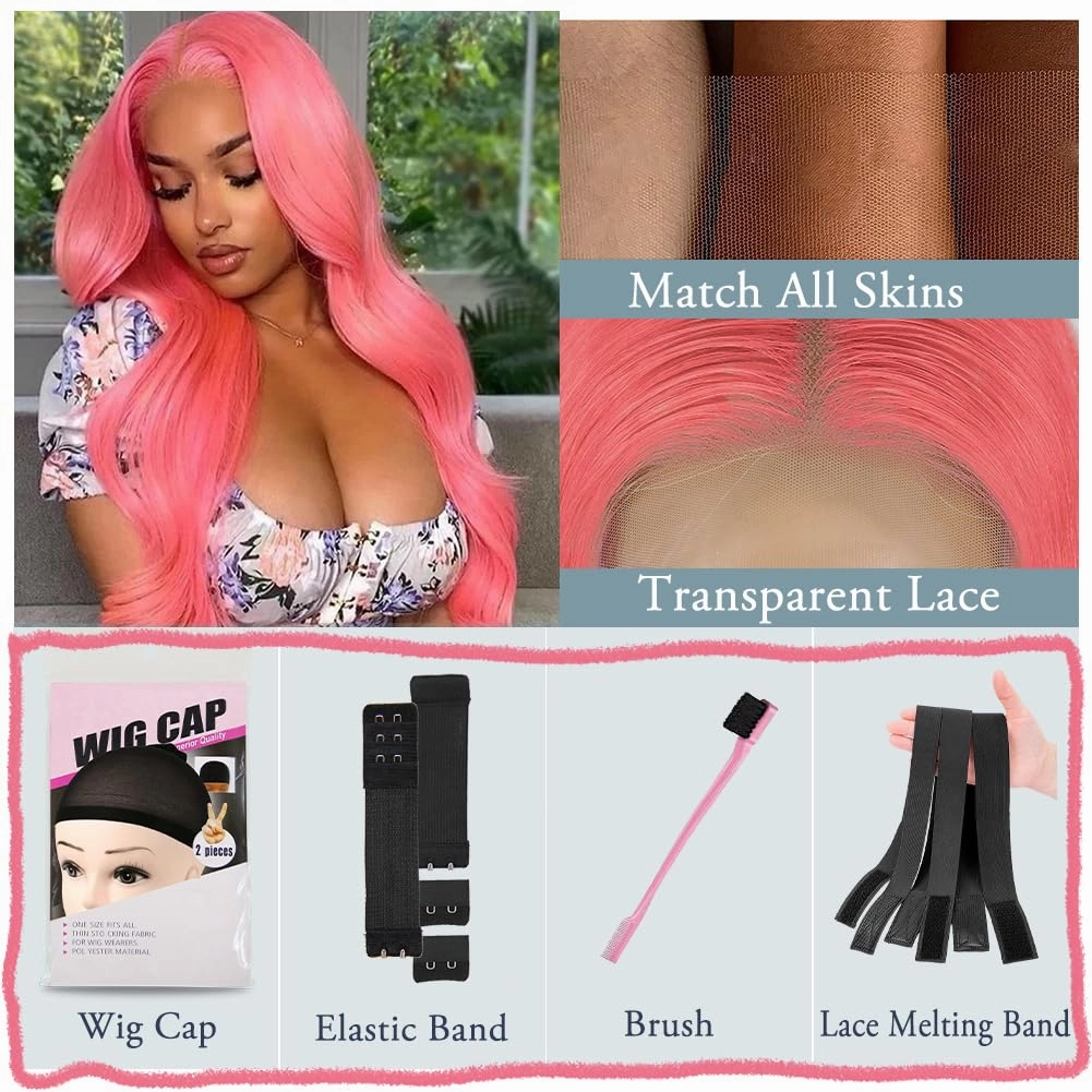 Pink Lace Front Wig Human Hair 13x4 HD Lace Pink Body Wave Wig Human Hair Pre Plucked Colored Body Wave Wig Human Hair For Women 150% Density Strawberry Body Wave Lace Front Wig 28 Inch
