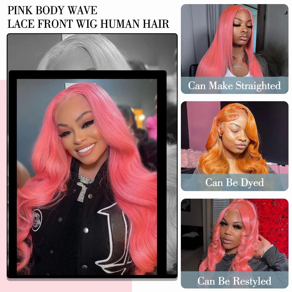 Pink Lace Front Wig Human Hair 13x4 HD Lace Pink Body Wave Wig Human Hair Pre Plucked Colored Body Wave Wig Human Hair For Women 150% Density Strawberry Body Wave Lace Front Wig 28 Inch