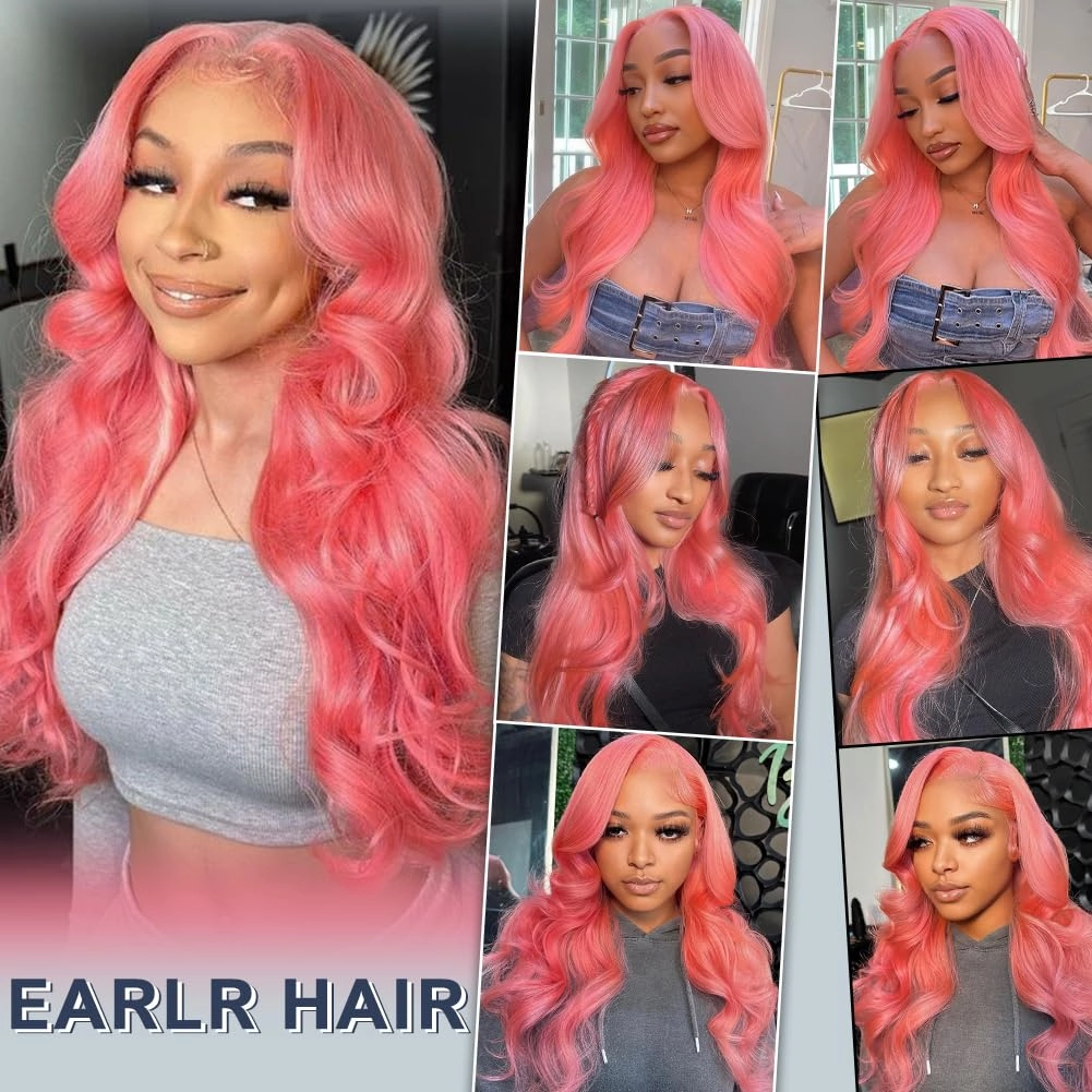 Pink Lace Front Wig Human Hair 13x4 HD Lace Pink Body Wave Wig Human Hair Pre Plucked Colored Body Wave Wig Human Hair For Women 150% Density Strawberry Body Wave Lace Front Wig 28 Inch