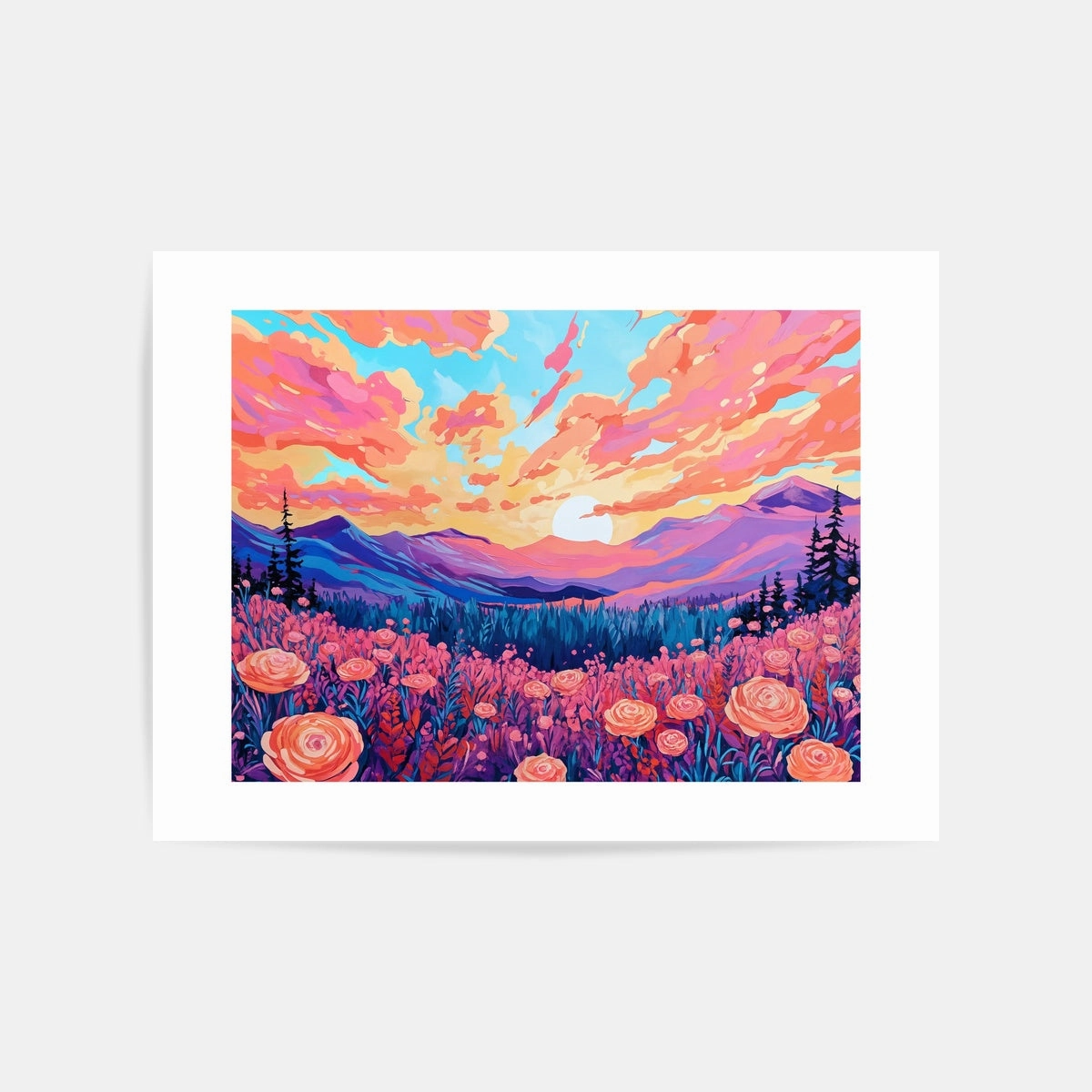 Pink Rose Field Mountain View Art Print