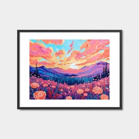 Pink Rose Field Mountain View Art Print