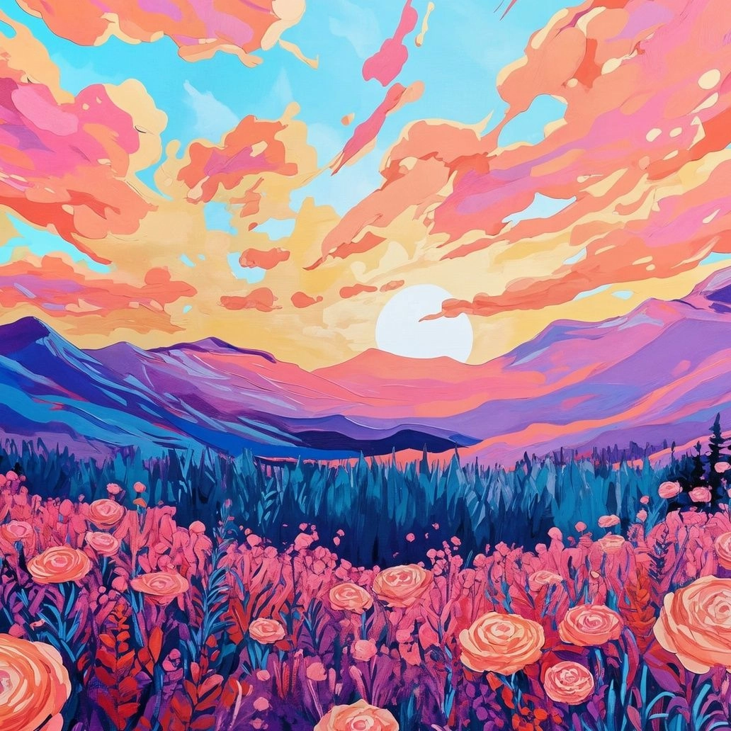 Pink Rose Field Mountain View Art Print