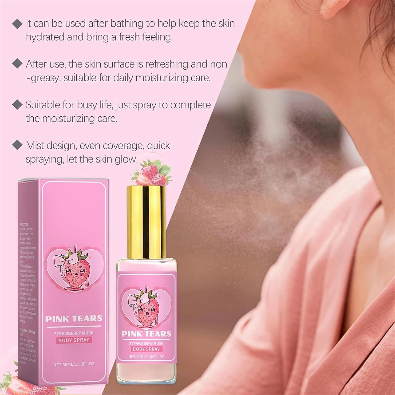 Pink Tears Body Mist, Fresh Strawberry Body Milk Mist Spray, Long-Lasting Fragrance Body Mist, Hydrating Lightweight (2Pcs)