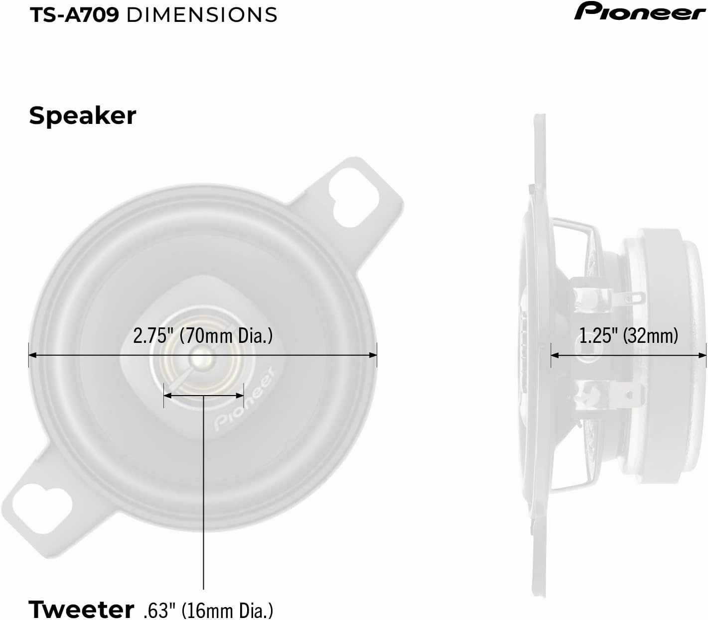 Pioneer TS-A709, 2-Way Coaxial Car Audio Speakers, Full Range, Clear Sound Quality, Easy Installation and Enhanced Bass Response, Black and Gold Colored 2.75” Round Speakers