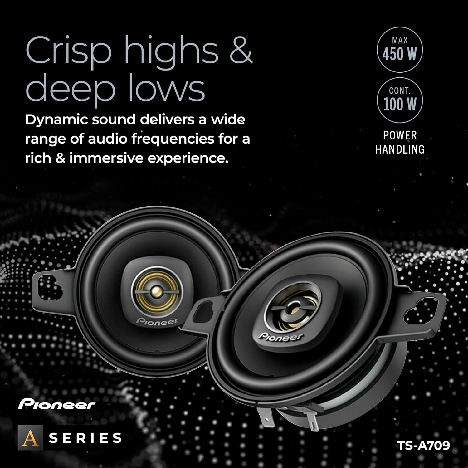 Pioneer TS-A709, 2-Way Coaxial Car Audio Speakers, Full Range, Clear Sound Quality, Easy Installation and Enhanced Bass Response, Black and Gold Colored 2.75” Round Speakers