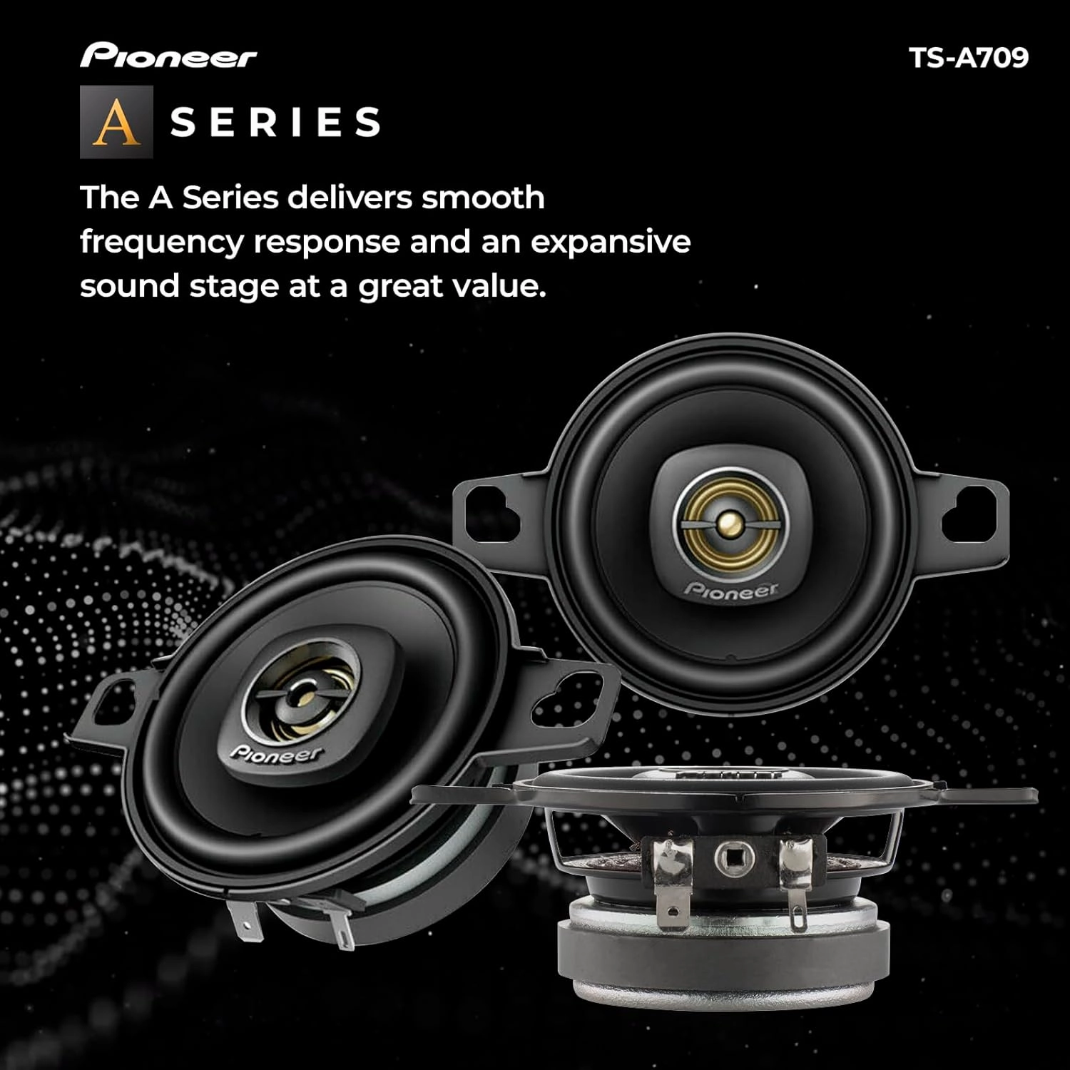 Pioneer TS-A709, 2-Way Coaxial Car Audio Speakers, Full Range, Clear Sound Quality, Easy Installation and Enhanced Bass Response, Black and Gold Colored 2.75” Round Speakers