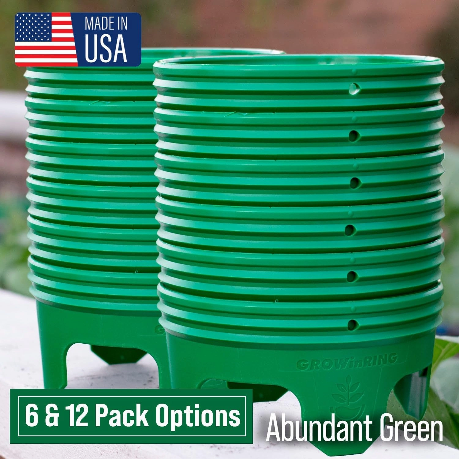 Planting Grow Rings, Round 7 inch, Perfect for Deep Watering Veggies Herbs and Flowers, Protection and Edging of Garden Plants, Green, Made in The USA - Pack of 6