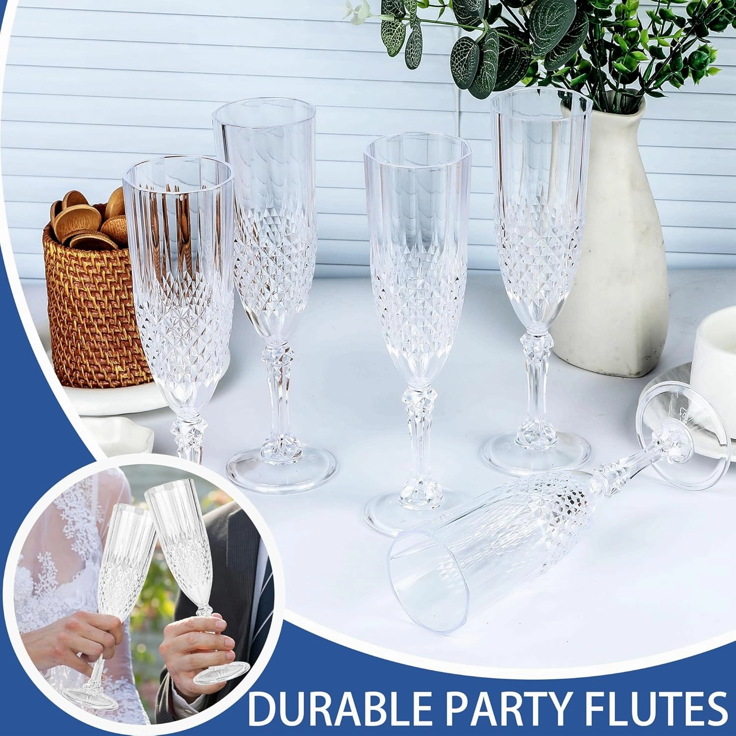 Plastic Champagne Flutes, 24PCS Transparent Plastic Wine Glasses Goblets Shatterproof Reusable Champagne Flute for Weddings, Bachelor Parties, Toasting, and Events(24,Transparent)