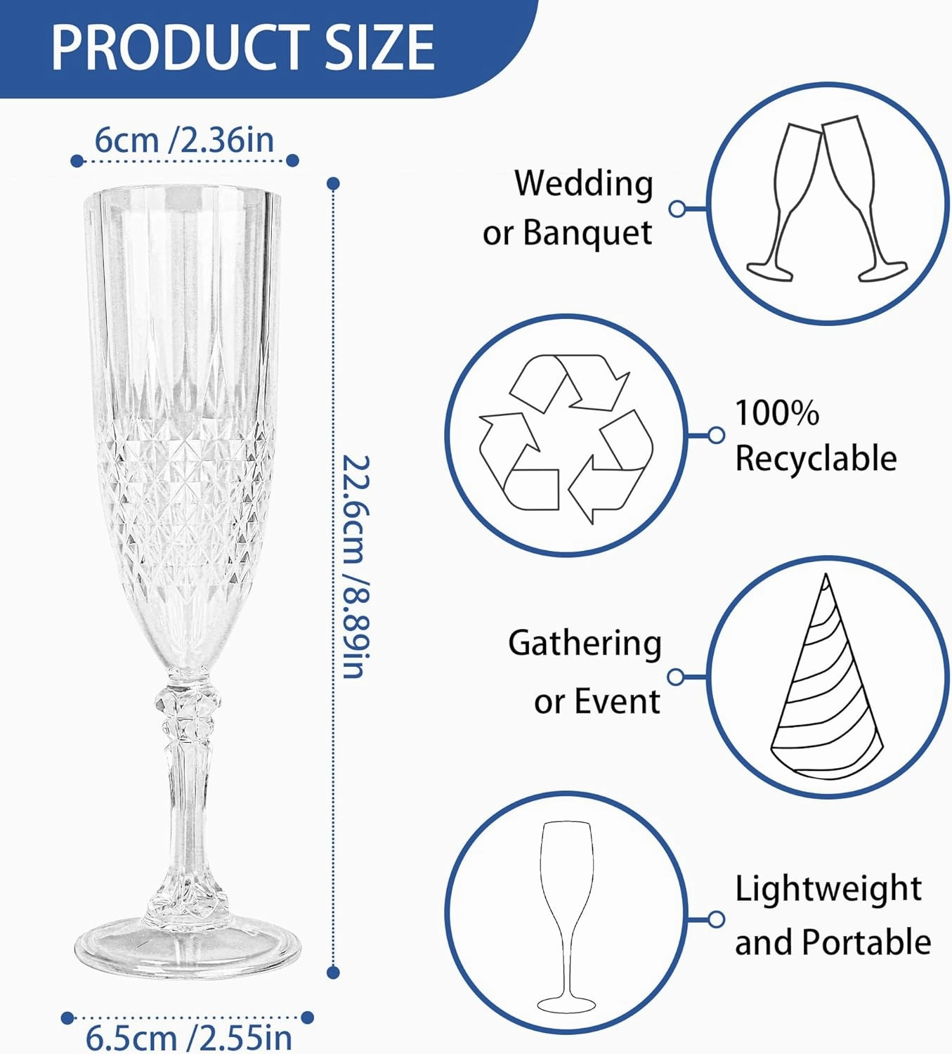 Plastic Champagne Flutes, 24PCS Transparent Plastic Wine Glasses Goblets Shatterproof Reusable Champagne Flute for Weddings, Bachelor Parties, Toasting, and Events(24,Transparent)