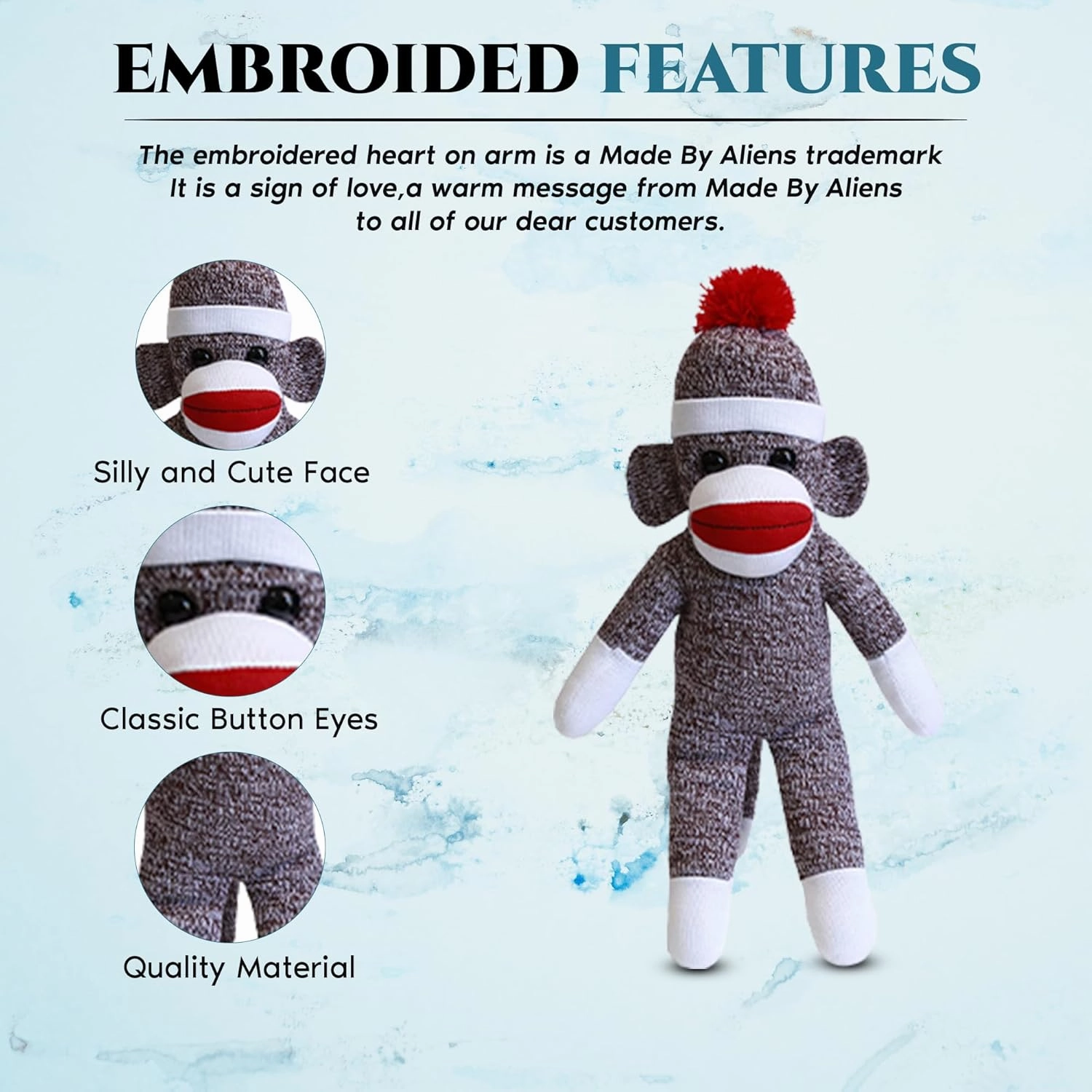 Plushland Adorable Sock Monkey, The Original Traditional Hand Knitted Stuffed Animal Toy Gift-for Kids, Babies, Teens, Girls and Boys Baby Doll Present Puppet (16'' Brown)