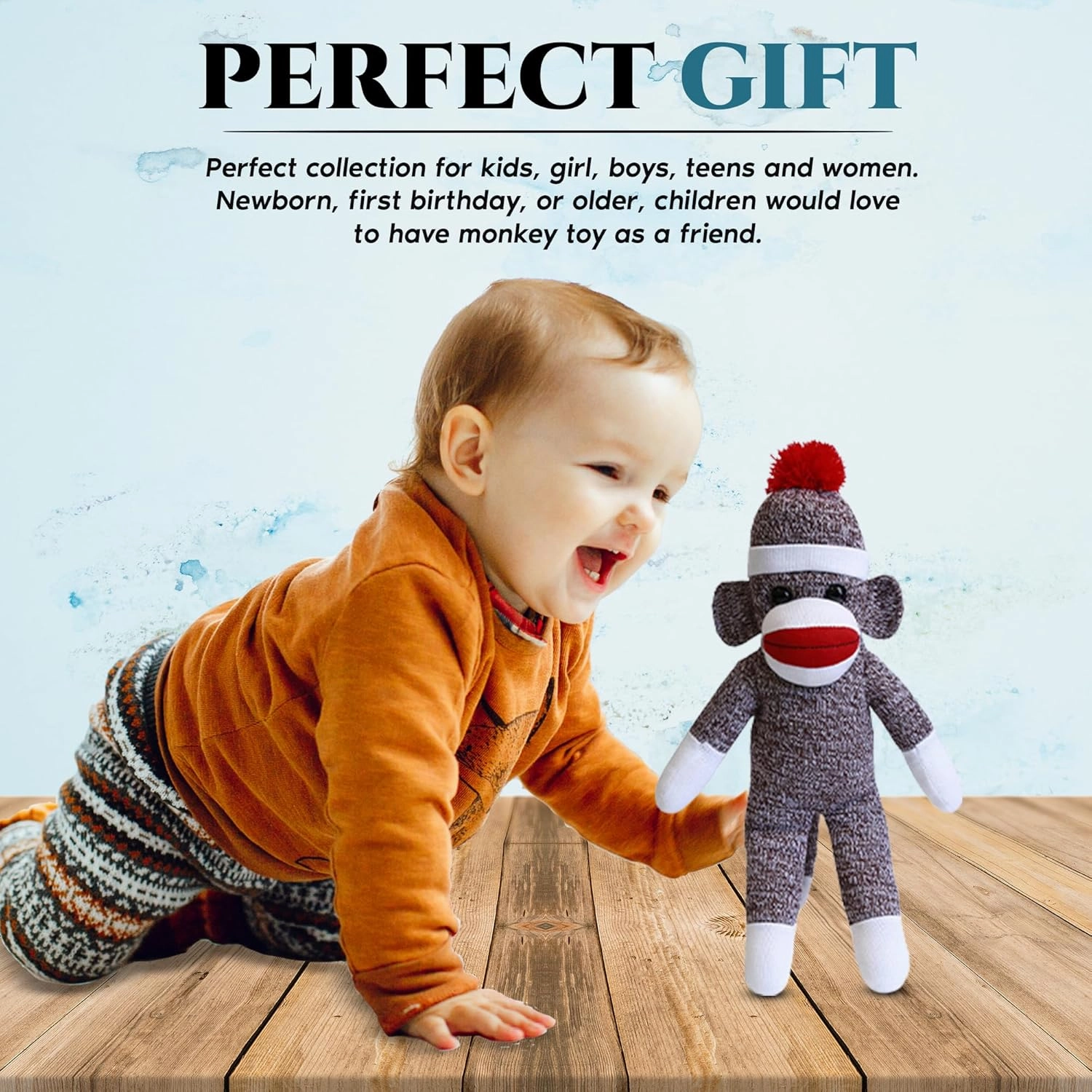 Plushland Adorable Sock Monkey, The Original Traditional Hand Knitted Stuffed Animal Toy Gift-for Kids, Babies, Teens, Girls and Boys Baby Doll Present Puppet (16'' Brown)