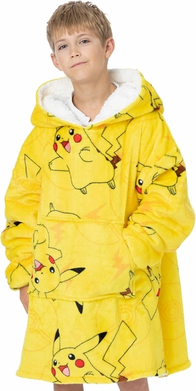 Pokemon Kids Blanket Hoodie Oversized Double Lined Sherpa Fleece Yellow Or Red