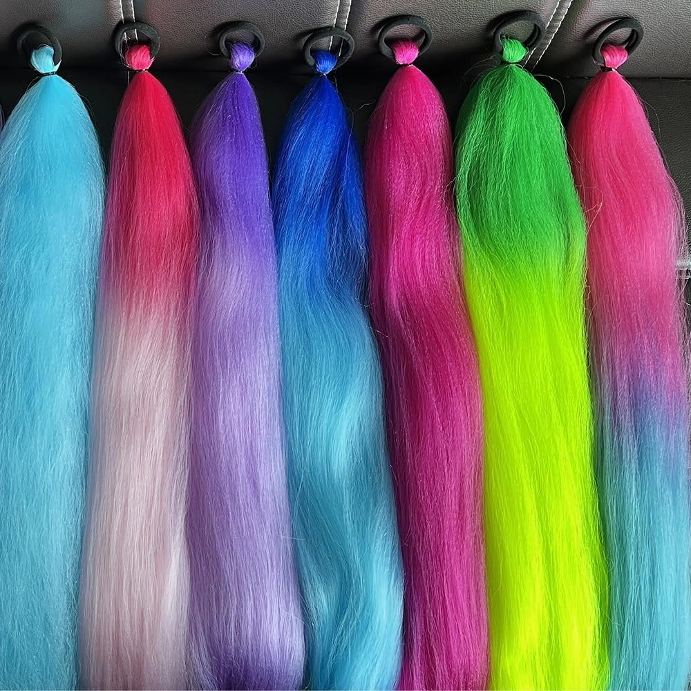 Ponytail extension， 2Pcs Colorful Braided Ponytail Extensions, Long Straight Synthetic Hair with Rubber Bands,Hair pieces for women(Red pink)