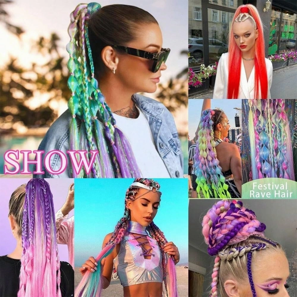 Ponytail extension， 2Pcs Colorful Braided Ponytail Extensions, Long Straight Synthetic Hair with Rubber Bands,Hair pieces for women(Red pink)