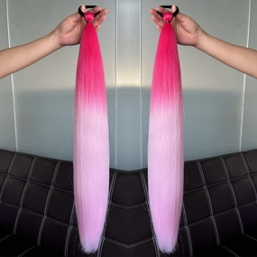 Ponytail extension， 2Pcs Colorful Braided Ponytail Extensions, Long Straight Synthetic Hair with Rubber Bands,Hair pieces for women(Red pink)