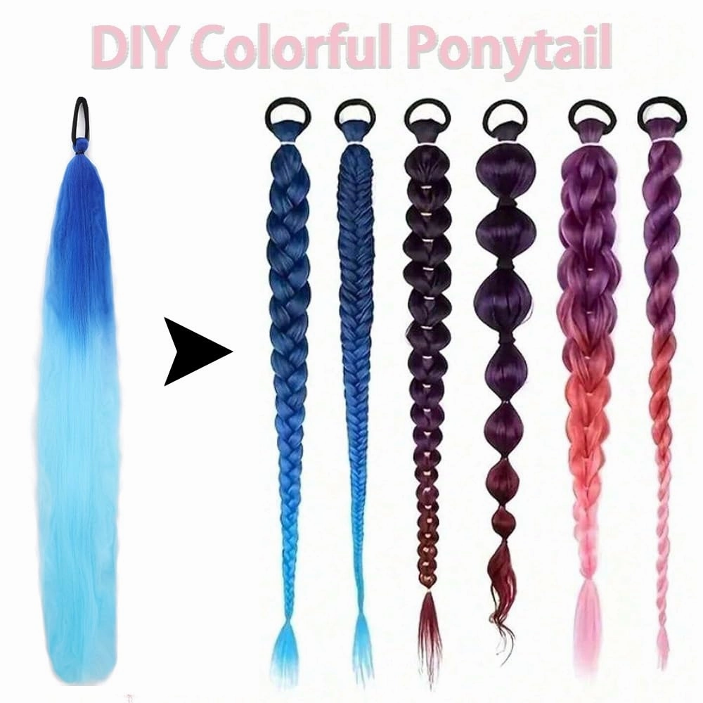 Ponytail extension， 2Pcs Colorful Braided Ponytail Extensions, Long Straight Synthetic Hair with Rubber Bands,Hair pieces for women(Red pink)
