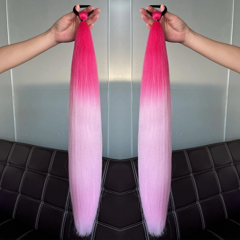 Ponytail extension， 2Pcs Colorful Braided Ponytail Extensions, Long Straight Synthetic Hair with Rubber Bands,Hair pieces for women(Red pink)