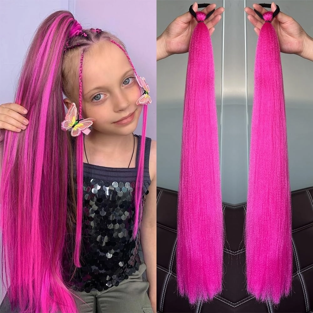 Ponytail extension， 2Pcs Colorful Braided Ponytail Extensions, Long Straight Synthetic Hair with Rubber Bands,Hair pieces for women(Red pink)