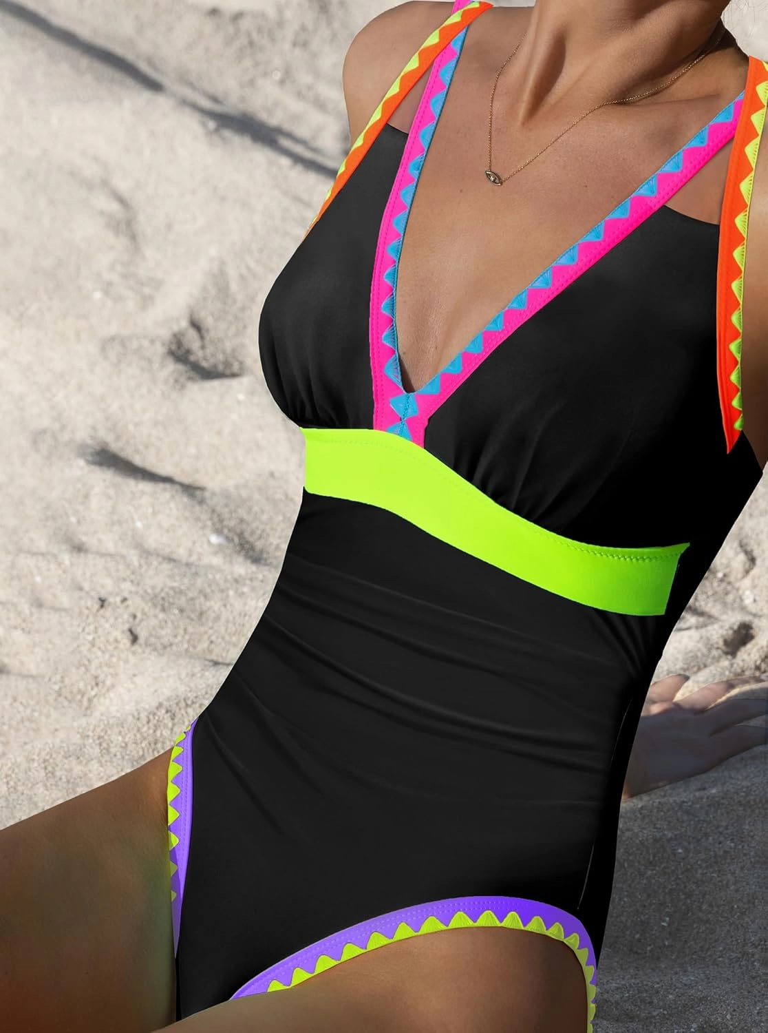 popvil One Piece Swimsuit Women 2025 Neon Color Block Contrast Cross Strap Bathing Suit Modest Cute Swim Suits