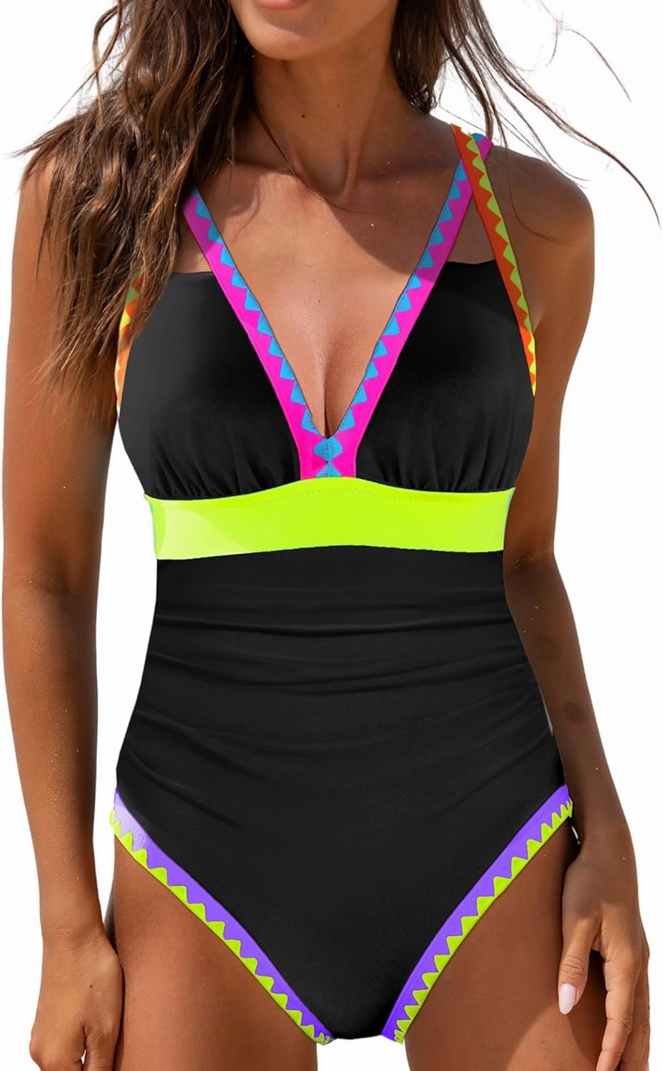 popvil One Piece Swimsuit Women 2025 Neon Color Block Contrast Cross Strap Bathing Suit Modest Cute Swim Suits