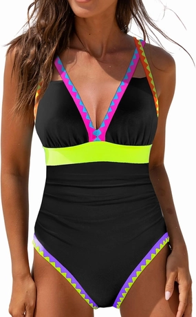 popvil One Piece Swimsuit Women 2025 Neon Color Block Contrast Cross Strap Bathing Suit Modest Cute Swim Suits