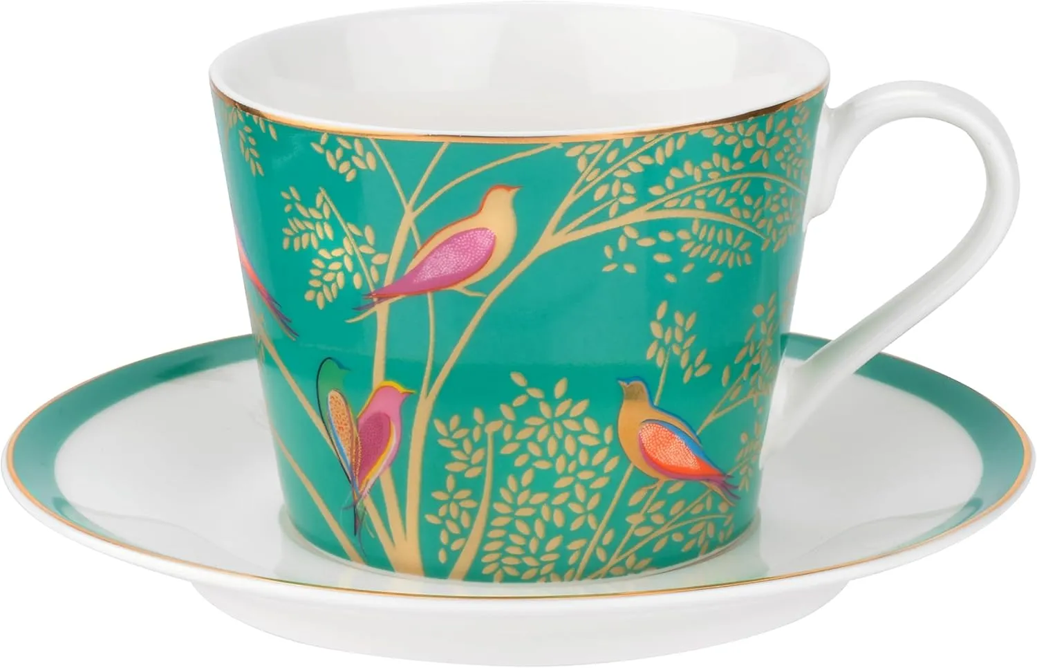 Portmeirion Sara Miller Chelsea 8oz Porcelain Tea Cup with Saucer, Green with 22K Gold Trim - Featuring Birds on a Leafy Tree - Elegant Tea Party Set for Picnic Moments - Thoughtful Chinaware Gift