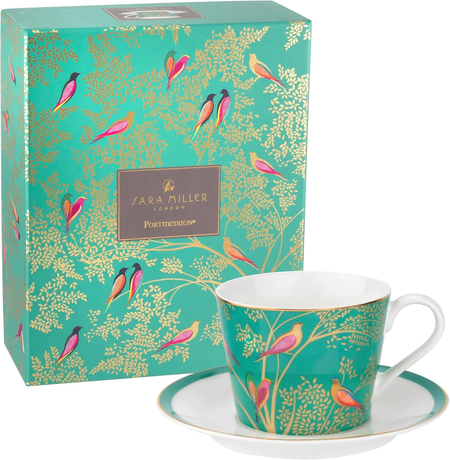 Portmeirion Sara Miller Chelsea 8oz Porcelain Tea Cup with Saucer, Green with 22K Gold Trim - Featuring Birds on a Leafy Tree - Elegant Tea Party Set for Picnic Moments - Thoughtful Chinaware Gift