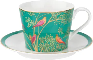 Portmeirion Sara Miller Chelsea 8oz Porcelain Tea Cup with Saucer, Green with 22K Gold Trim - Featuring Birds on a Leafy Tree - Elegant Tea Party Set for Picnic Moments - Thoughtful Chinaware Gift