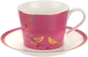 Portmeirion Sara Miller Chelsea 8oz Porcelain Tea Cup with Saucer, Pink with 22K Gold Trim - Featuring Birds on a Leafy Tree - Elegant Tea Party Set for Picnic Moments - Thoughtful Chinaware Gift